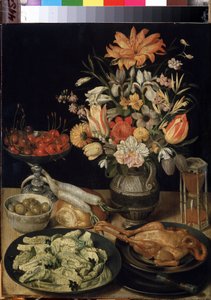 Nature morte aux fleurs, poulet, sablier, olives, cerises et chou - Georg Flegel