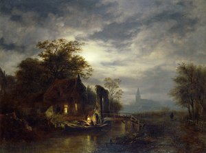 Scène de rivière au clair de lune avec des personnages déchargeant un bateau