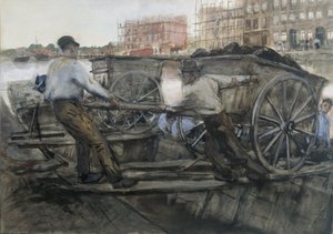Travailleurs tirant une charrette lourdement chargée sur Jacob van Lennepkade, Amsterdam, 1900
