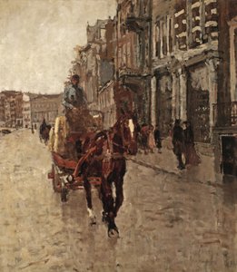 Rokin Westzijde : une charrette tirée par des chevaux sur le Rokin, Amsterdam