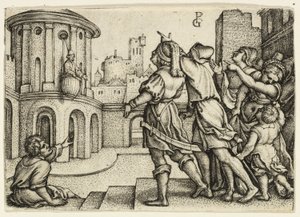 Virgile le magicien suspendu dans le panier - Georg Pencz