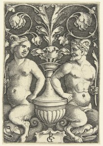 Satyre mâle et femelle (Décorations plates avec grotesques et rinceaux)