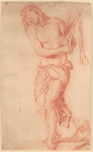 Ecce Homo. Christ souffrant debout avec des verges et un fouet noué ainsi qu