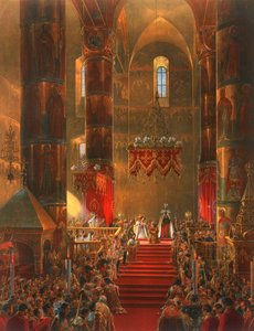 Le Métropolitain se prosterne lors de la cérémonie de couronnement du tsar Alexandre II, Moscou, 1856 - Georg Wilhelm Timm