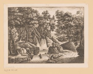 Cascade dans la forêt avec deux pêcheurs au premier plan - Georg Wolfgang Knorr (possibly)