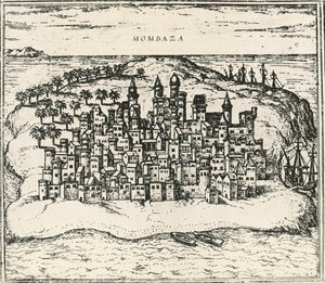 Ville de Mombasa au Kenya, gravure de Civitates Orbis Terrarum - Georg Braun and Hogenberg Franz