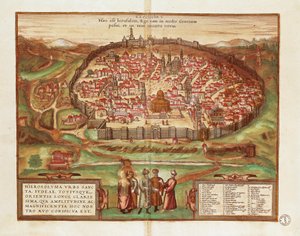 Israël et Palestine, Ville de Jérusalem, par Georg Braun et Franz Hogenberg, de Civitates Orbis Terrarum, gravure en couleur