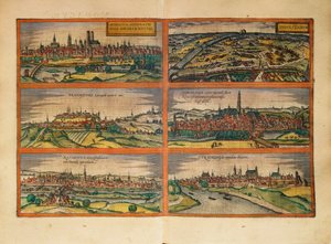 Carte de Munich, Ingolstadt, Freising, Nordlingen, Ratisbonne et Straubing, Allemagne, de Civitates Orbis Terrarum par Georg Braun - Georg Braun and Hogenberg Franz