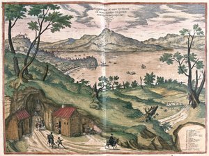 La Baie de Naples et le Vésuve, Italie, en 1579 (gravure) - Georg Braun and Hogenberg Franz