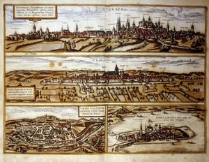 Vue des villes allemandes de Nuremberg et Ulm, Salzbourg, Autriche. Gravure de l