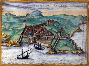 Vue de la ville fortifiée de Tanger et de la côte, Maroc. Trois navires sont ancrés près de la côte. Dans « Ciuitates orbis terrarum Liber primus », par Georgius Braun et Franz Hohenberg, Cologne 1582. - Georg Braun and Hogenberg Franz