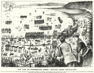 Caricature de Punch : Marée basse sur les sables de Scarborough - Baignade sous difficultés