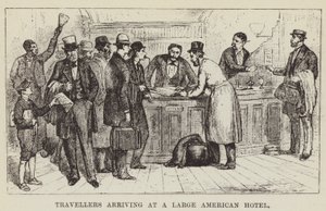 Voyageurs arrivant à un grand hôtel américain