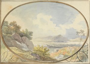 Paysage dans un ovale (Paysage de montagne à travers une fenêtre ovale) - George Barret