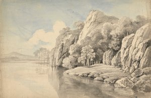 Rive de rivière avec hautes roches