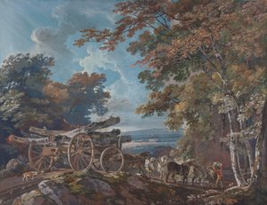 Chariot de bois sur une route accidentée (une paire) - George Barret