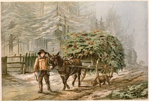 Garçon menant un âne et une charrette, carte de Noël victorienne - George C. Leighton
