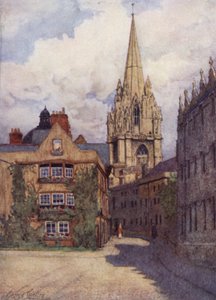 Oxford : Église Sainte-Marie depuis le coin de Oriel Street et Merton Street, avec Oriel College à droite - George Carline