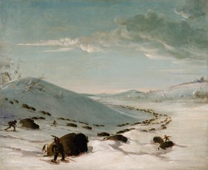 Chasse au bison en hiver, Indiens en raquettes, 1832-1833 - George Catlin
