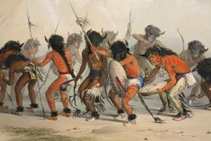 Danse du bison (détail), pub. lithographie en couleur de 1845