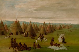 Village Comanche, femmes habillant des robes et séchant de la viande - George Catlin