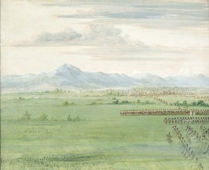 Guerriers comanches, avec drapeau blanc, recevant les dragons - George Catlin
