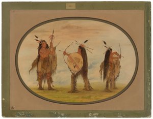 Trois guerriers Mandan armés pour la guerre - George Catlin