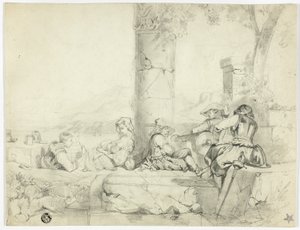 Enfants, femme avec nourrisson et trois soldats assis parmi des ruines au bord d