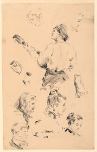 Esquisses de têtes, une main, un pied et un musicien - George Charles Aid
