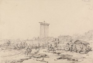 Scène côtière avec pêcheurs et bâtiments, Macao - George Chinnery