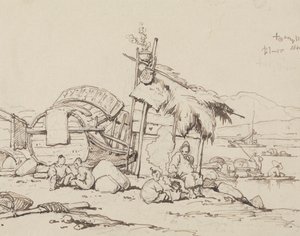 Vieil homme et enfants assis, cuisinant
