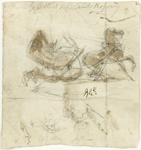 Caricature de soi (recto) ; Cabine lancée par un cheval, avec d