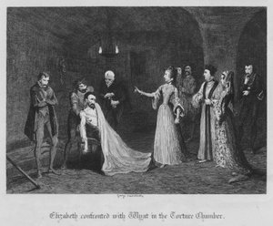 Elizabeth confrontée à Wyat dans la chambre de torture (gravure)