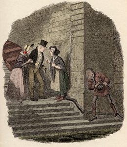 Noe Claypole espionnant le rendez-vous secret entre M. Brownlow, Rose Maylie et Nancy - Illustration pour « Oliver Twist » de Charles Dickens, par George Cruikshank