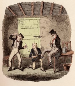 Oliver cire les chaussures du Renard pendant que Charley Bates explique les dangers de la pendaison - Illustration pour « Oliver Twist » de Charles Dickens, par George Cruikshank - George Cruikshank