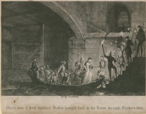 La Reine Jane et Lord Guilford Dudley ramenés à la Tour par la Porte des Traîtres - George Cruikshank