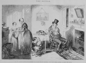 La Bouteille, Planche II, Il est renvoyé de son emploi pour ivresse : ils mettent leurs vêtements en gage pour fournir la bouteille, 1847 - George Cruikshank