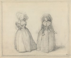 Deux dames debout en conversation, probablement une scène de théâtre