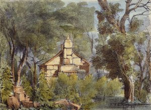 Maison en pierre, Jardins de Richmond, planche 23 de Kew Gardens: A Series of Twenty-Four Drawings on Stone, gravé par Charles Hullmandel, publié en 1820 (lithographie coloriée à la main) - George Ernest after Papendiek