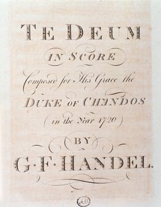 Page de titre de la partition musicale de Te Deum par G F Handel