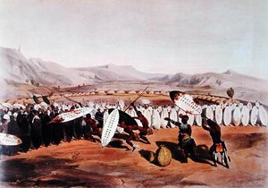 Umpanda passant en revue ses troupes à Nonduengo, gravé par J.Needham, vers 1849