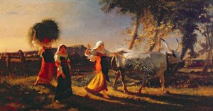 Paysannes italiennes dans la campagne conduisant un bœuf