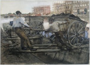 Travailleurs tirant une charrette lourdement chargée sur Jacob van Lennepkade, Amsterdam - George Hendrik Breitner