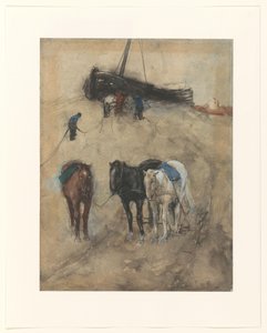 Chevaux sur la plage, en arrière-plan un bateau et des pêcheurs - George Hendrik Breitner
