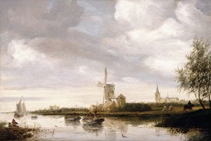 Paysage fluvial avec barges et voiliers et une église au-delà