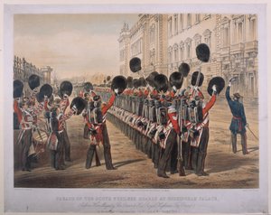 Parade des Scots Fusilier Guards au palais de Buckingham le matin de leur départ pour le théâtre de guerre, 2 mars 1854, gravé par E. Walker, publié par Colnaghi und Co., 1854 - George Housman Thomas