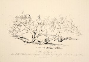 Bataille de Ligny : le maréchal Blucher étourdi par la chute violente, enchevêtré sous son cheval, publié par J. Booth, 1816 - George Jones