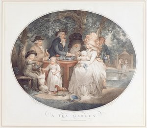 Un Jardin de Thé, gravure en couleur au pointillé d