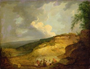 Un vaste paysage montagneux avec un campement de gitans au premier plan - George Morland