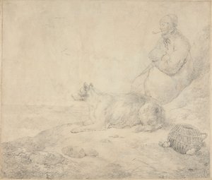 Pêcheur et chien assis près de la côte